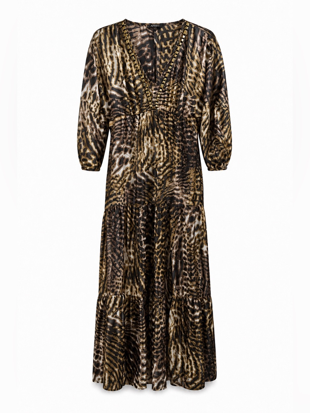 APART Size 8 Leopard Animal Print Tiered Maxi Dress with Gold-Tone Trim
